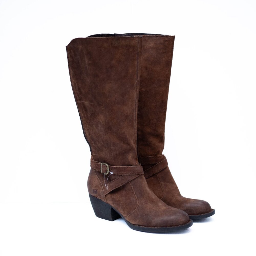 BORN Brown Suede Tall Leather Boots 9.5M Block Heel Buckle Side‎ Zip Distressed